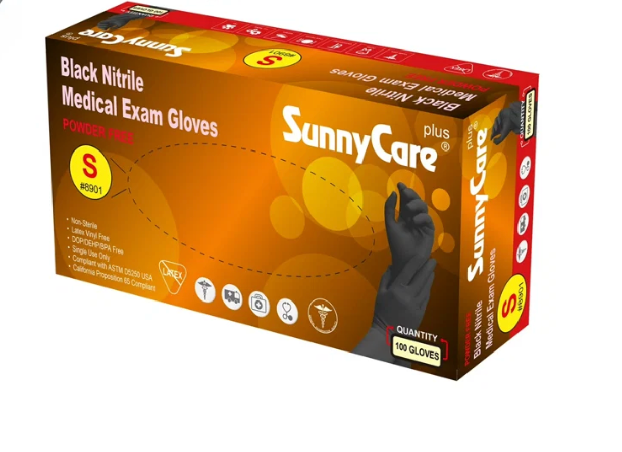 Sunnycare Black Nitrile Medical Examination Gloves - Size S (Box)