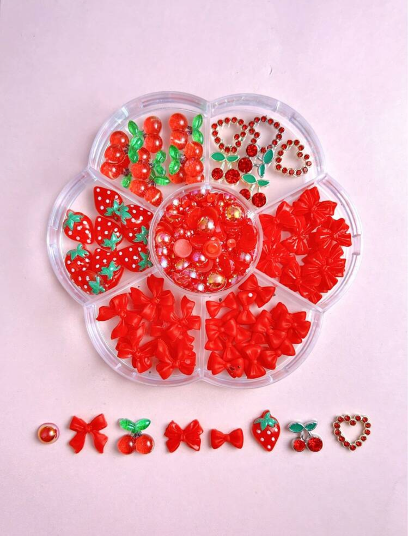 RED MIXED BOWKNOT, STRAWBERRY NAIL CHARMS