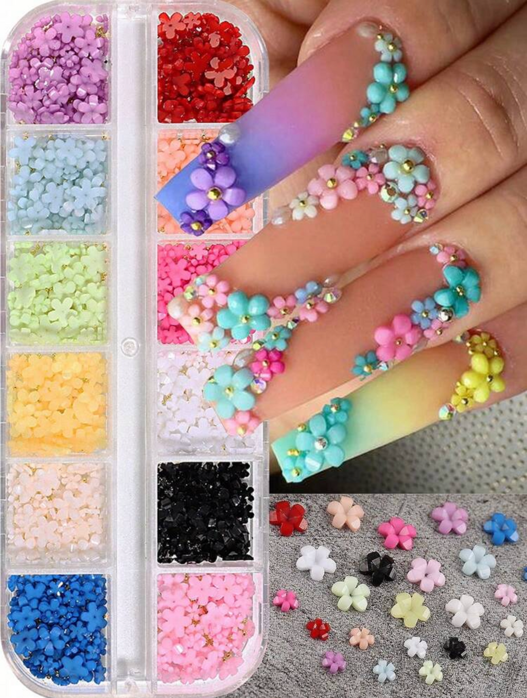 12 GRID 3D MIX COLORED NAIL FLOWERS