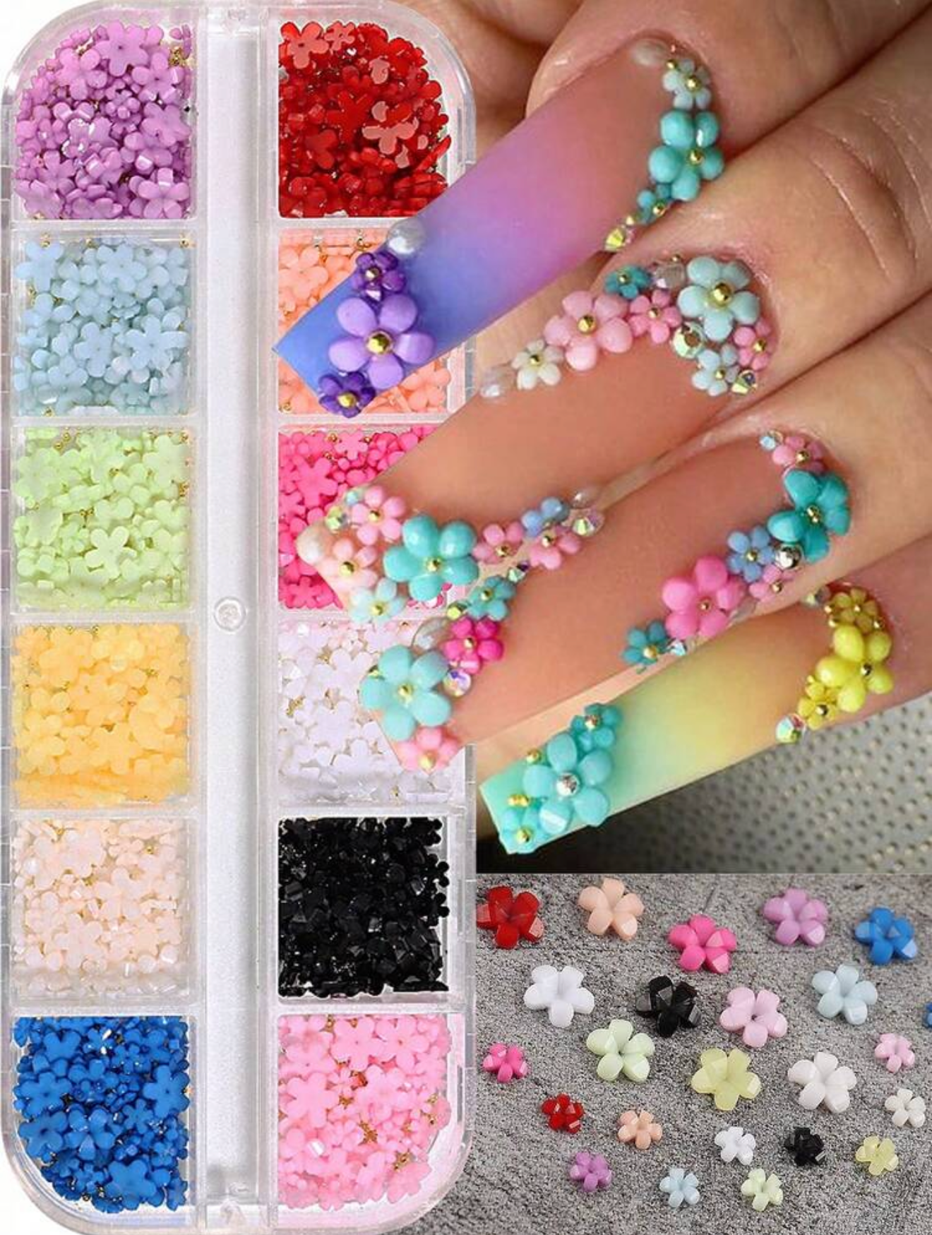 12 GRID 3D MIX COLORED NAIL FLOWERS